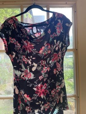 7th Avenue New York & Co Floral Cowl Neck Blouse Navy Pink Size M